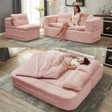Multi Functional Sectional Sofa Bed With Independent Chaise Lounge And Functional Blanket, Convertible King Size Bed, Deep Seat - Baby Pink