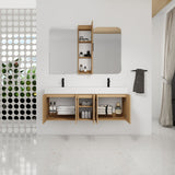 Floating Double Sink Bathroom Vanity Set With Tall Linen Cabinet, Extra Large Storage, Integrated Sink, Soft Close Doors - Glossy White / Light Oak