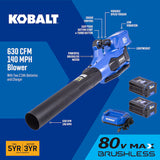Kobalt 80V 630-CFM Cordless Leaf Blower with 2x 2.5Ah Batteries & Charger