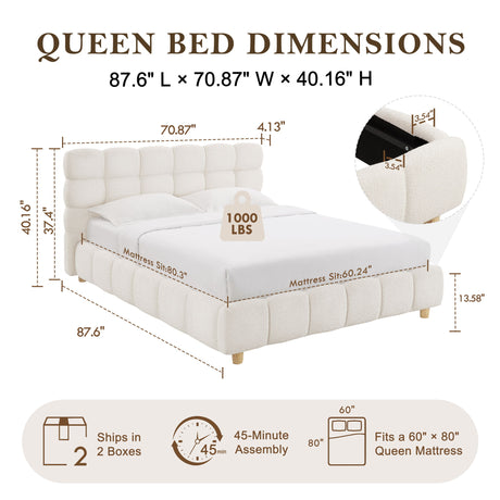 Pula - Queen Platform Bed With Upholstered Headboard, Slat Support, No Box Spring Needed - Ivory