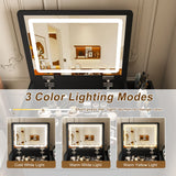 Flip Mirror Vanity Desk With Adjustable LED Lights & Stool For Bedroom