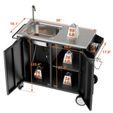 Outdoor Grill Table With Sink, Grill Cart With Sink And Cabinet With Wheels - Black / Silver