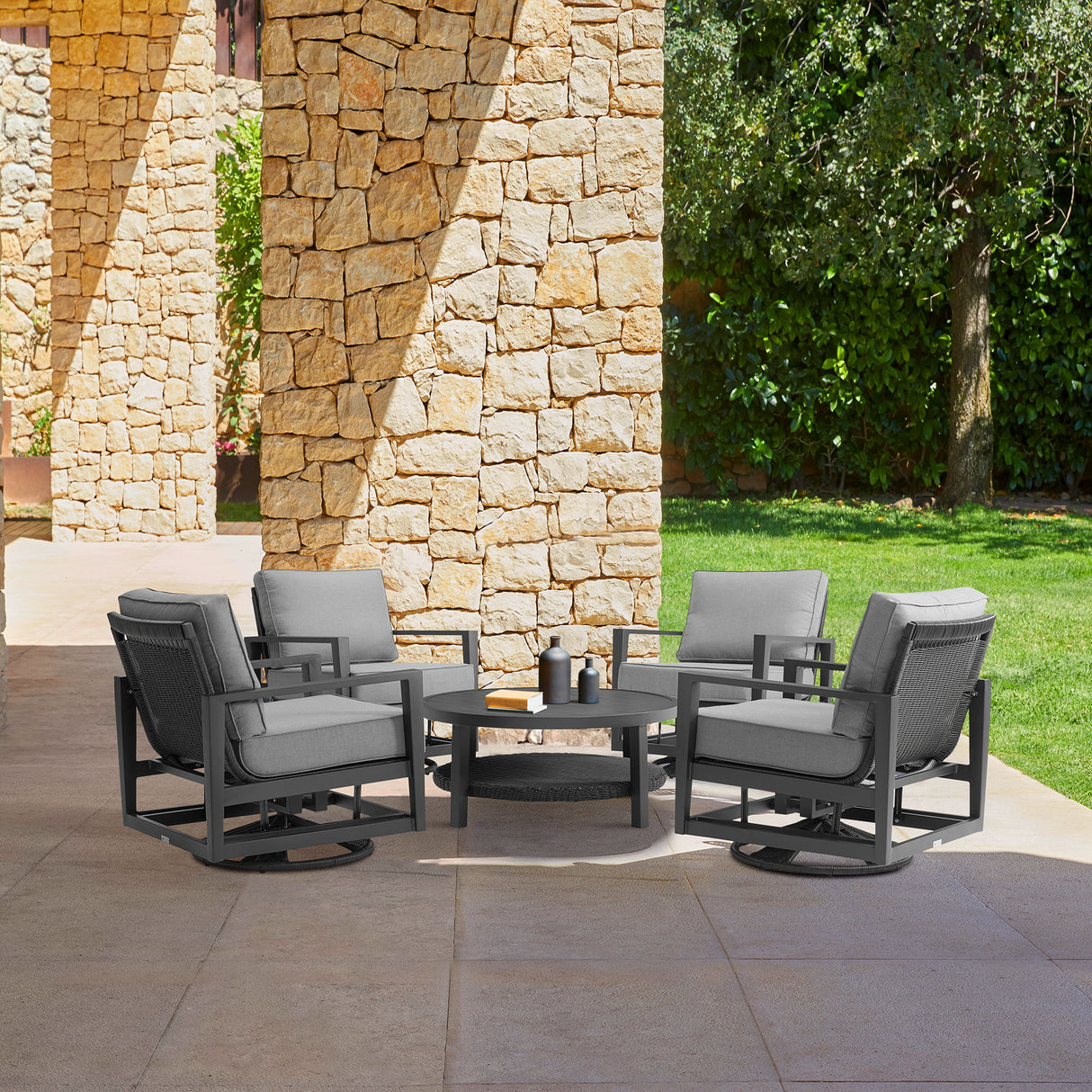 Cayman - Black Aluminum Outdoor Round Conversation Table With Wicker Shelf