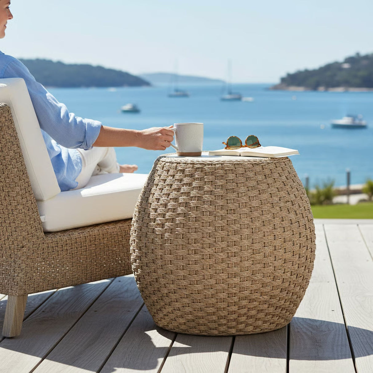 Kobalt - Rattan Round Outdoor Side Table With Sintered Stone Table Top - Beige