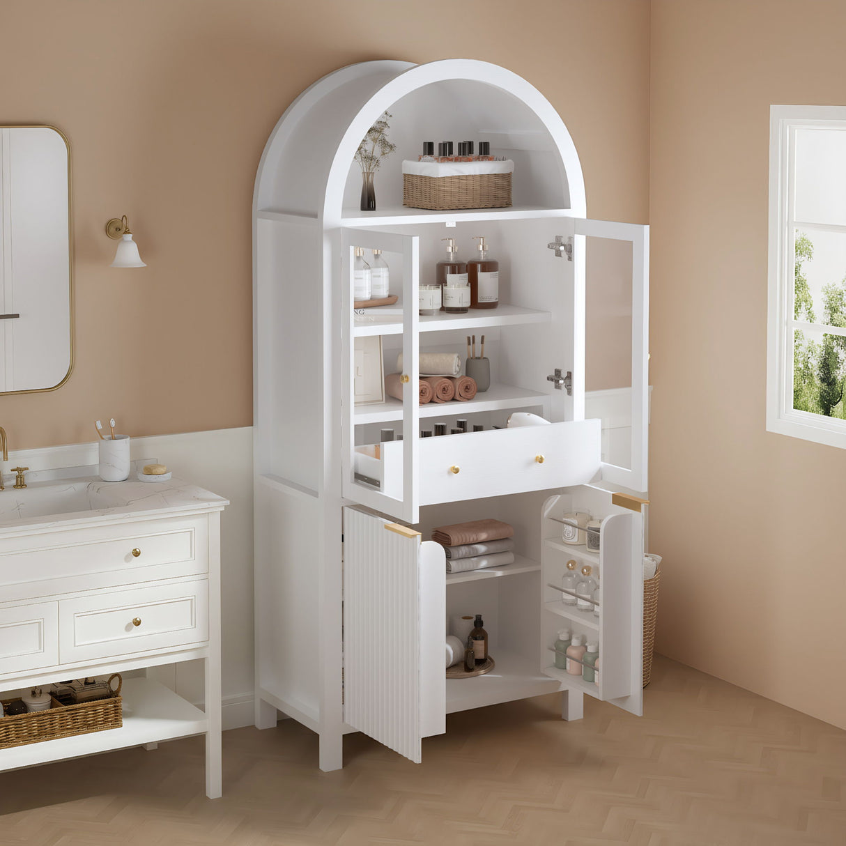 Fluted Tall Arched Pantry Cabinet With Adjustable Shelves, Glass Door & Hidden Drawer For Kitchen