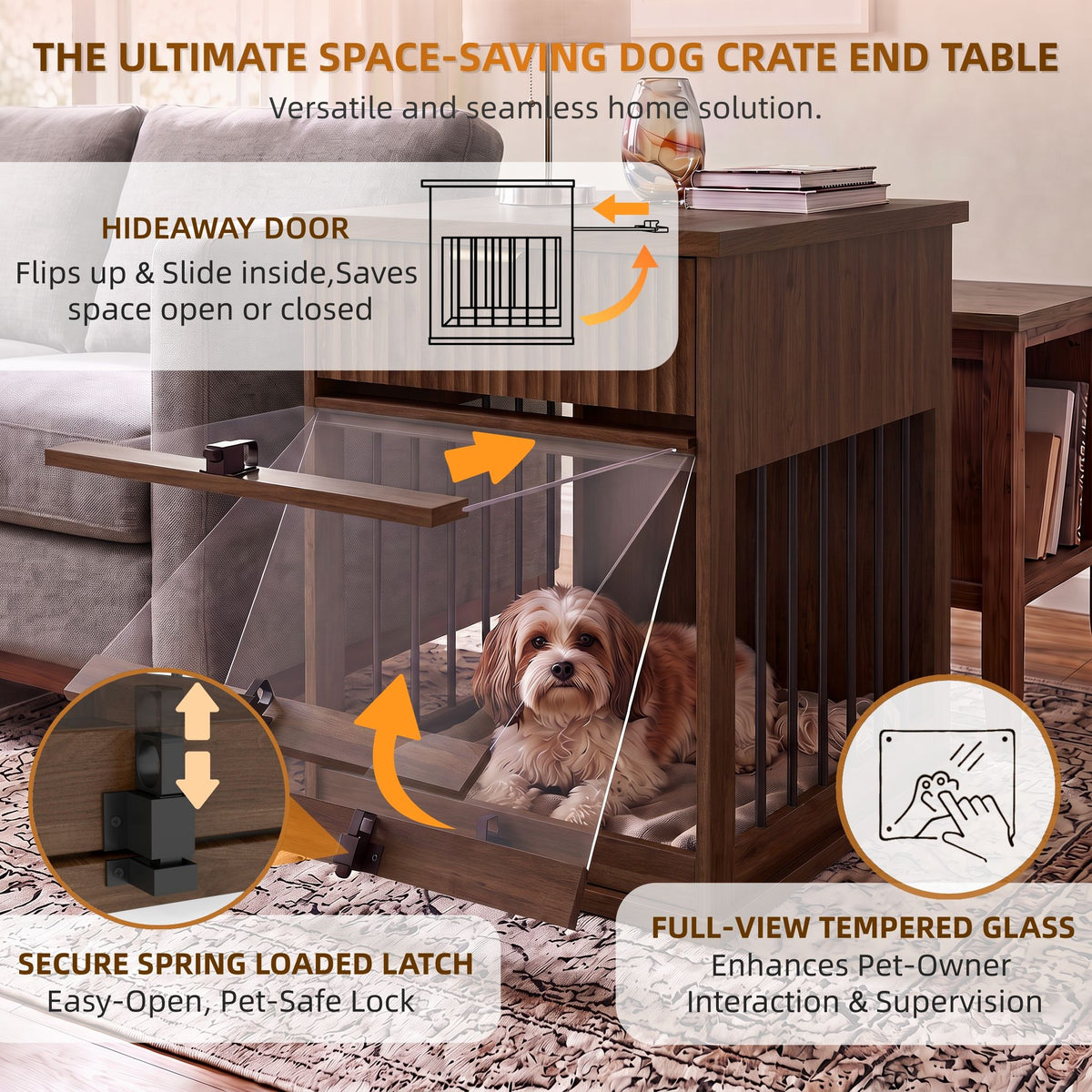 Dog Crate End Table With Charging Station - Antique Brown