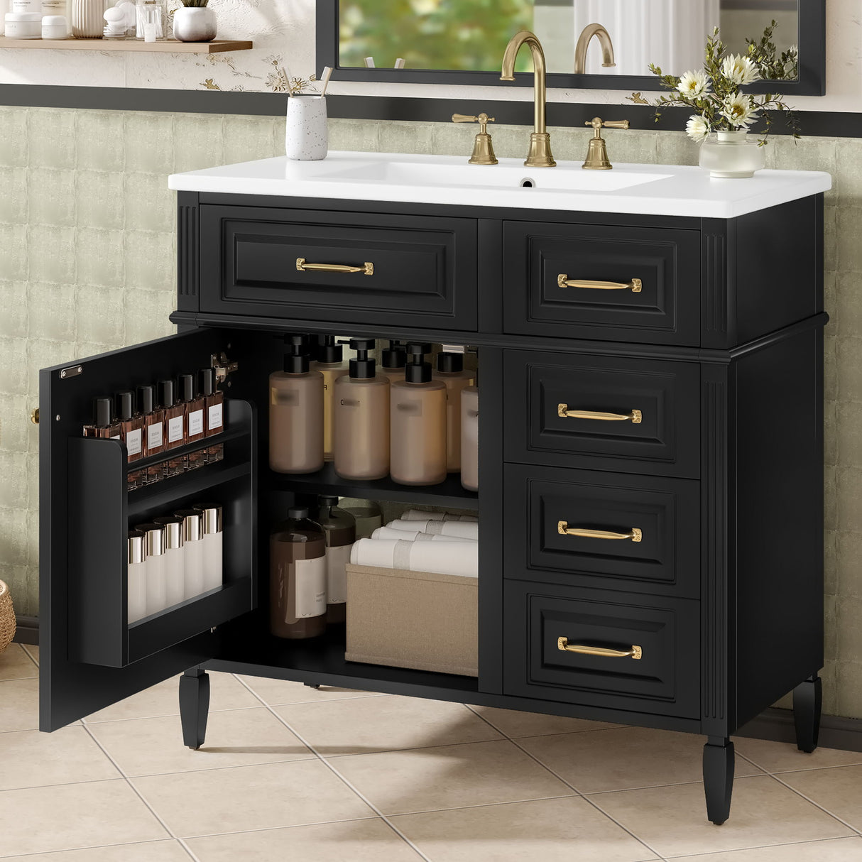 Modern Bathroom Vanity With Sink Top, Flip Drawer Design