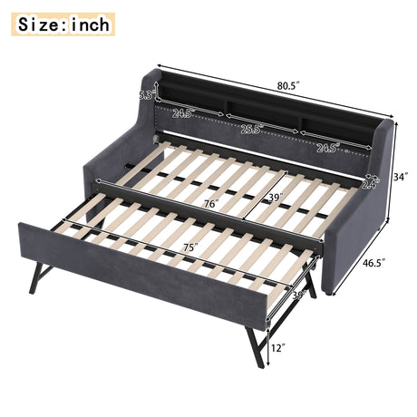 Twin Size Daybed With Trundle With LED Light ＆ Charging Station - Dark Gray