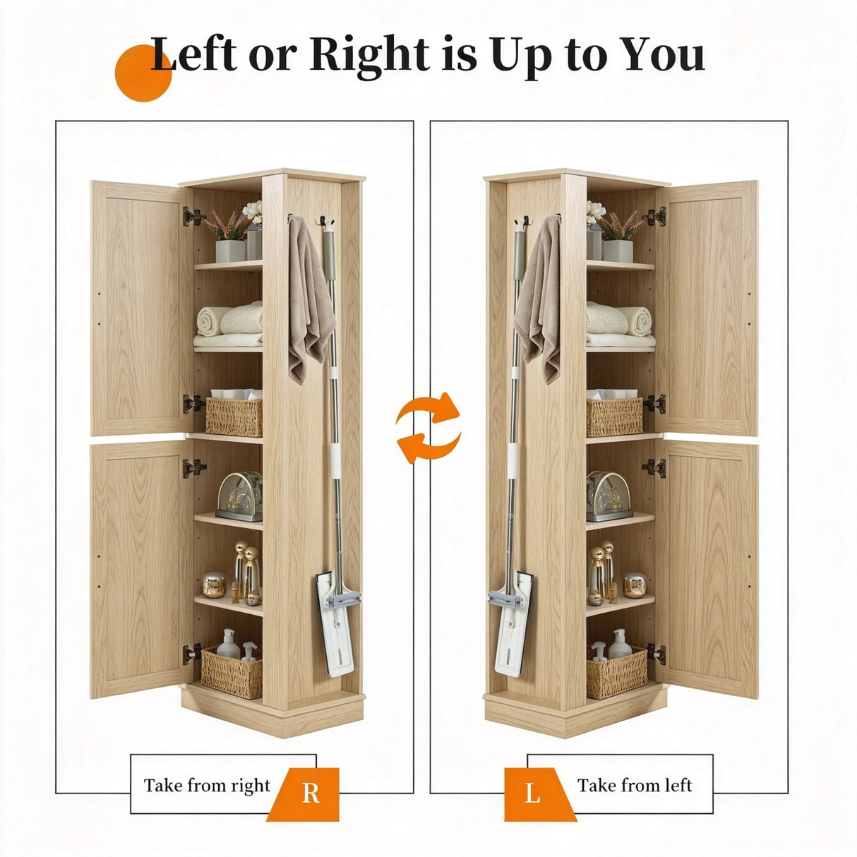 Tall Freestanding Bathroom Storage Cabinet With Adjustable Shelves And Side Hooks