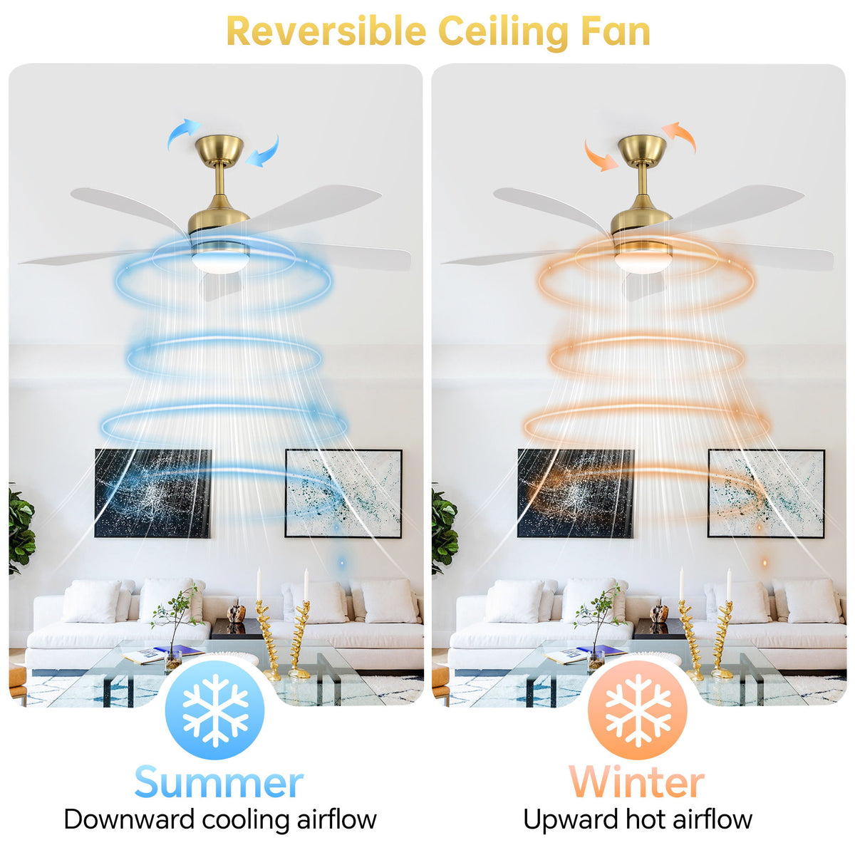52" Indoor Ceiling Fan With 3 Color Dimmable LED Light Blades, Reversible DC Motor, Remote Control