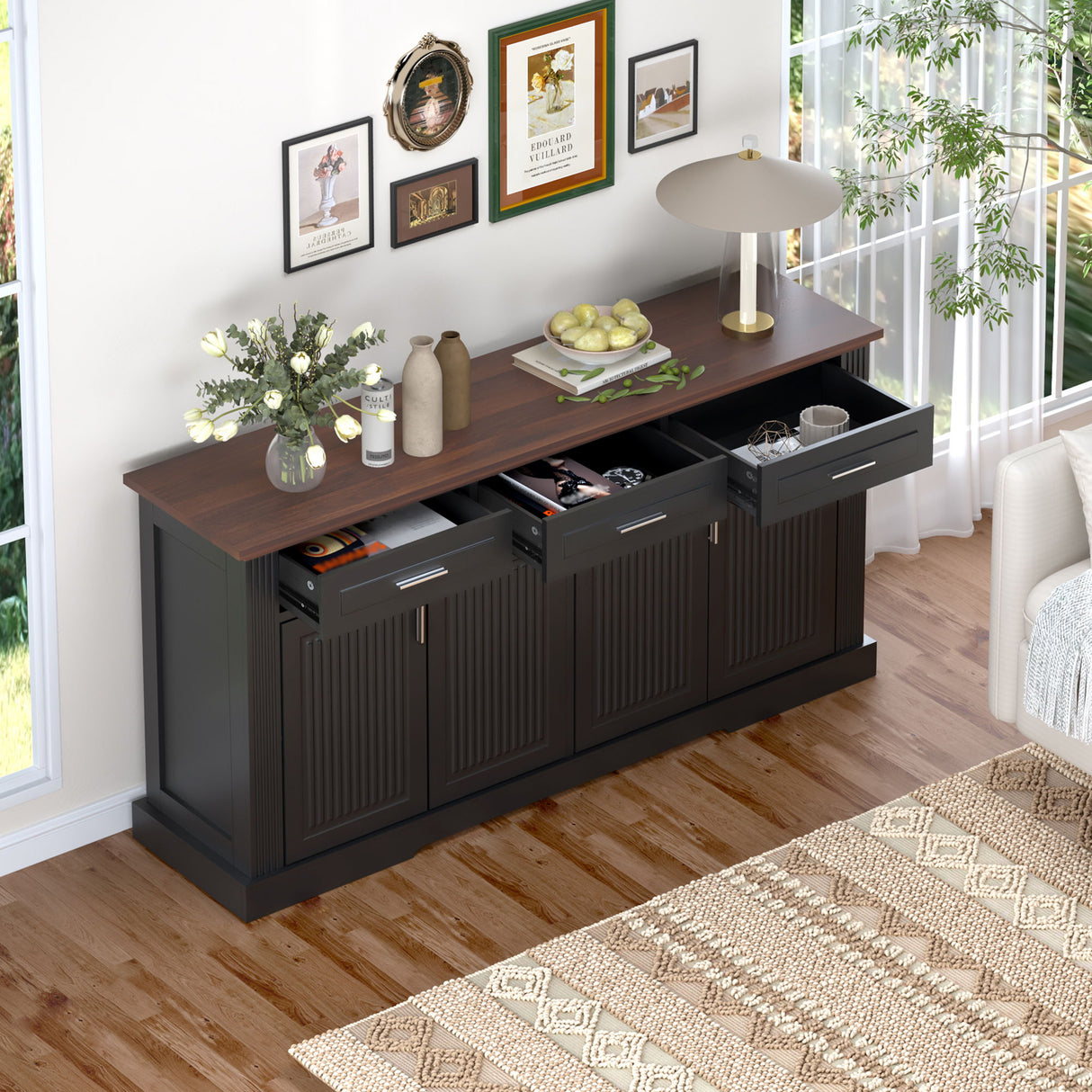 Fluted Sideboard Buffet Cabinet With 4 Doors And 3 Drawers