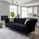 3 Seater Button Tufted Sofa With Rolled Arms, Living Room Couch With 2 Pillows - Black