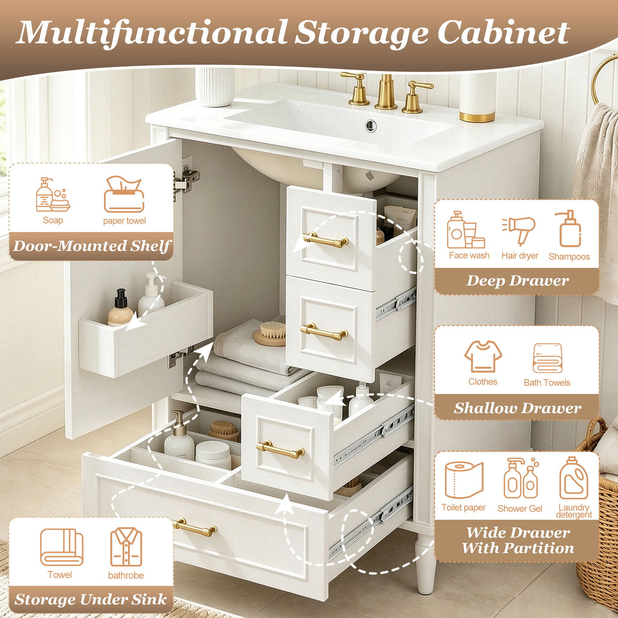 Modern Bathroom Vanity With Sink, Soft Close Doors, 3 Drawers