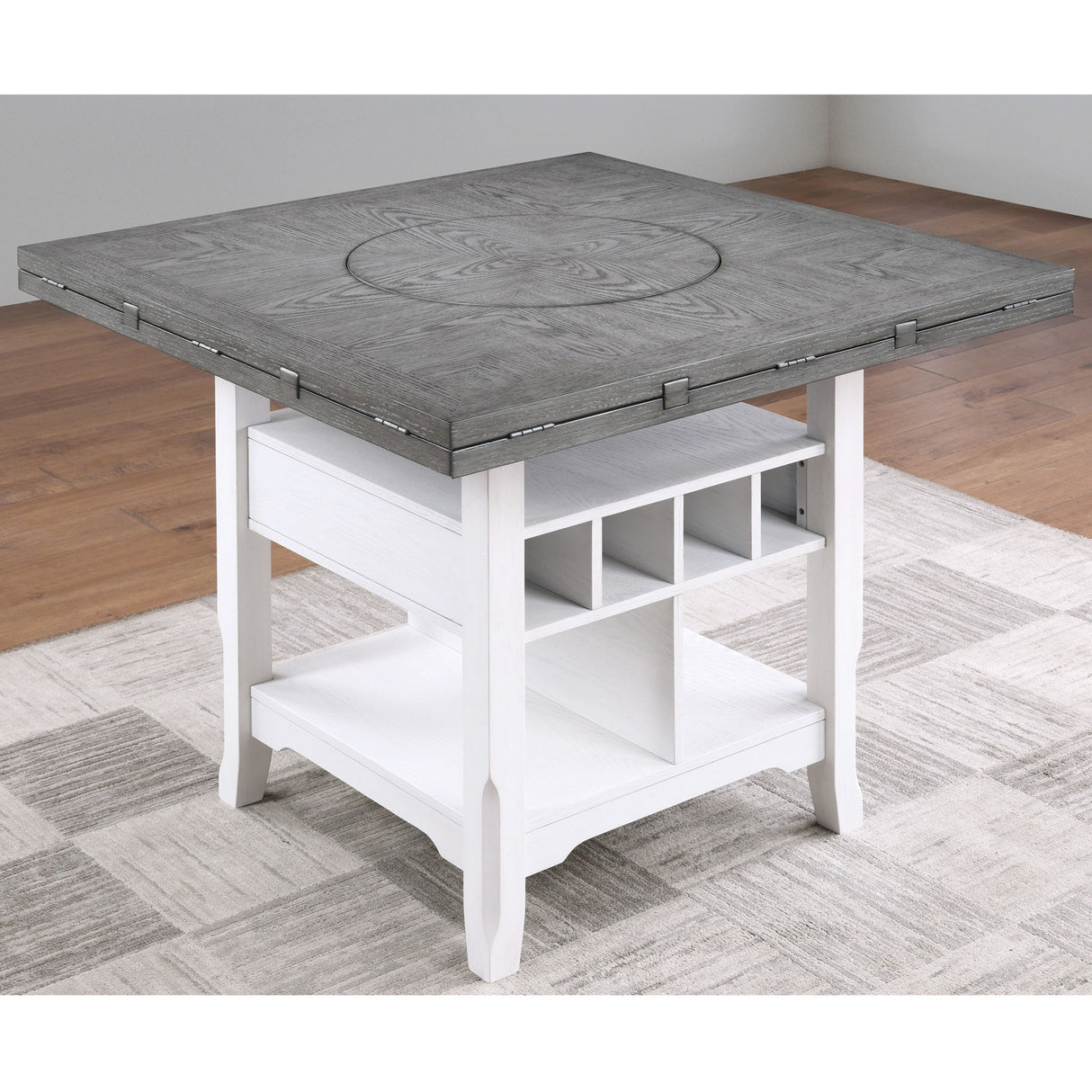 Counter Height Dining Table With Built In Lazy Susan And Storage Shelves
