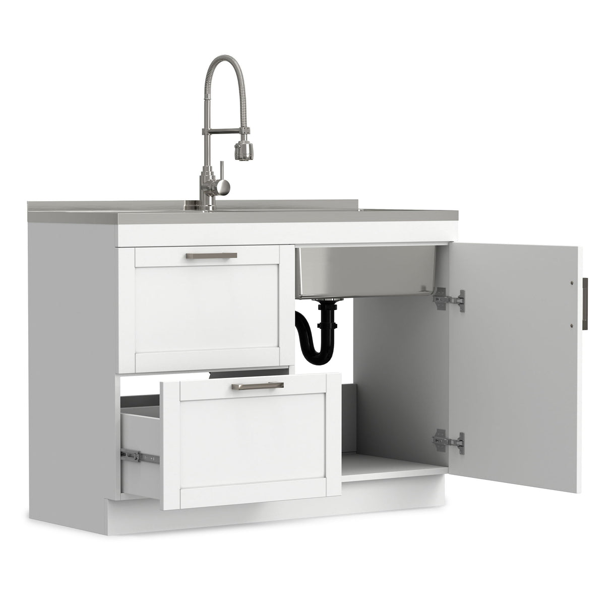 Hennessy - Laundry Utility Sink And Cabinet With Dual Sink And Pull Out Faucet - White