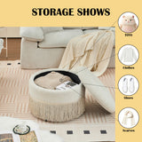 Round Storage Ottoman With Tassel, Decorative Accent Pouf For Living Room