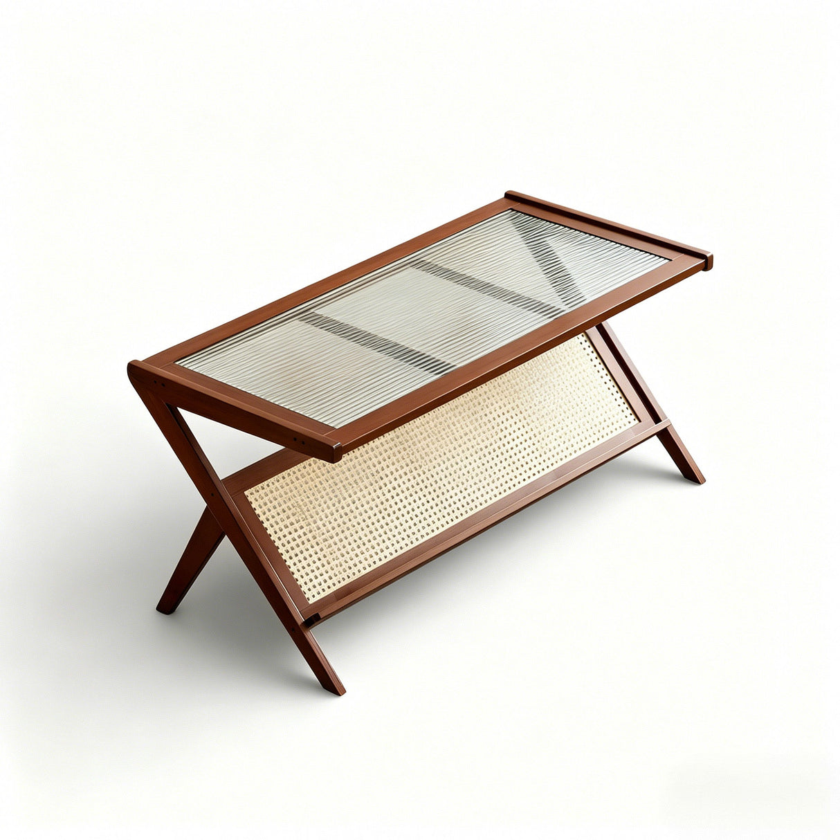 Rattan Coffee Tables For Living Room, Mid Century Modern Coffee Table With Glass Top, Large Boho Center Table With Storage - Brown