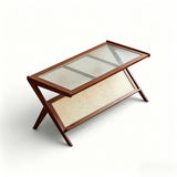 Rattan Coffee Tables For Living Room, Mid Century Modern Coffee Table With Glass Top, Large Boho Center Table With Storage - Brown