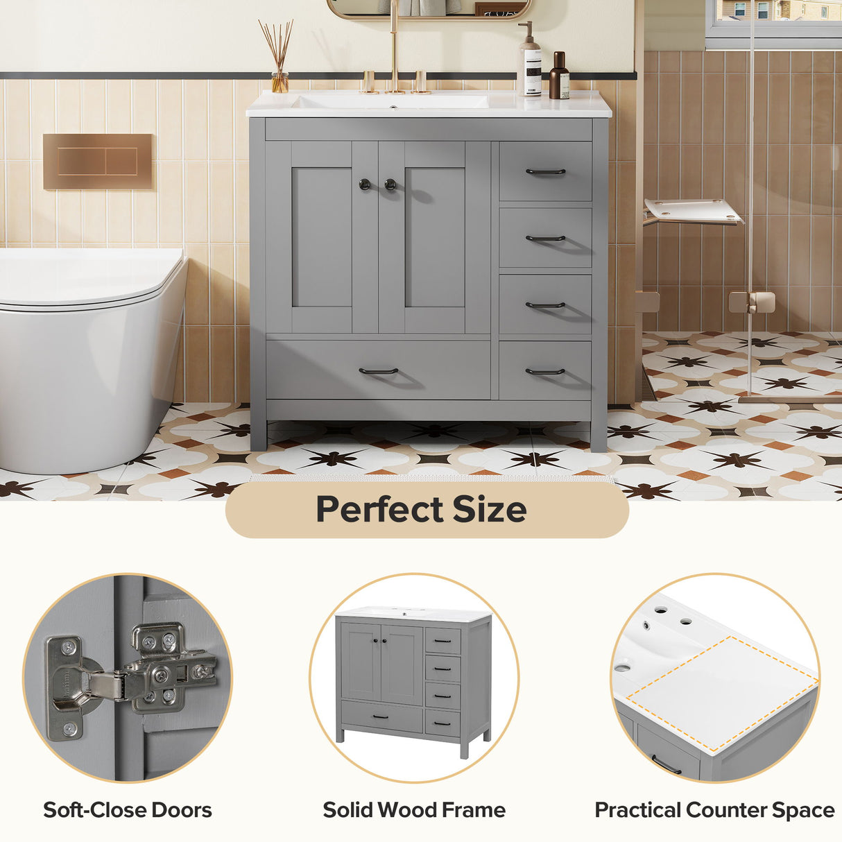 Bathroom Vanity With Sink Combo, 2 Soft Close Doors And 5 Drawers
