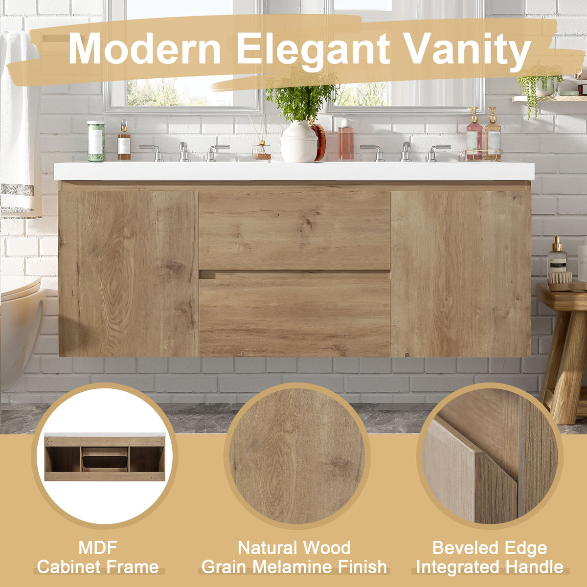 Double Sink Bathroom Vanity, Cabinet & Soft Close Doors, Divided Drawers, Wall Mounted Storage - Wood
