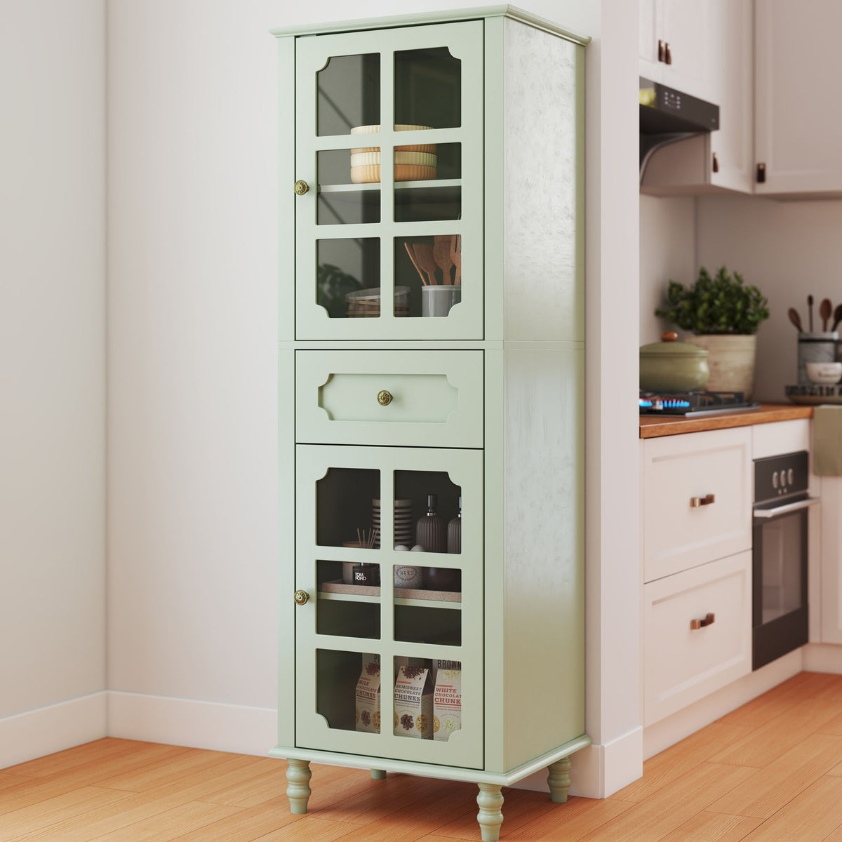 Storage Cabinet, Freestanding Curio Cabinet With Grid Doors & Drawer, Pantry Display Cabinet For Kitchen