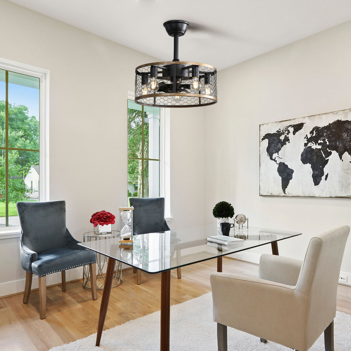 20" Industrial Cage Ceiling Fan With Remote Control, 7 Blades, DC Motor, 1H / 4H / 8H Timer - Black