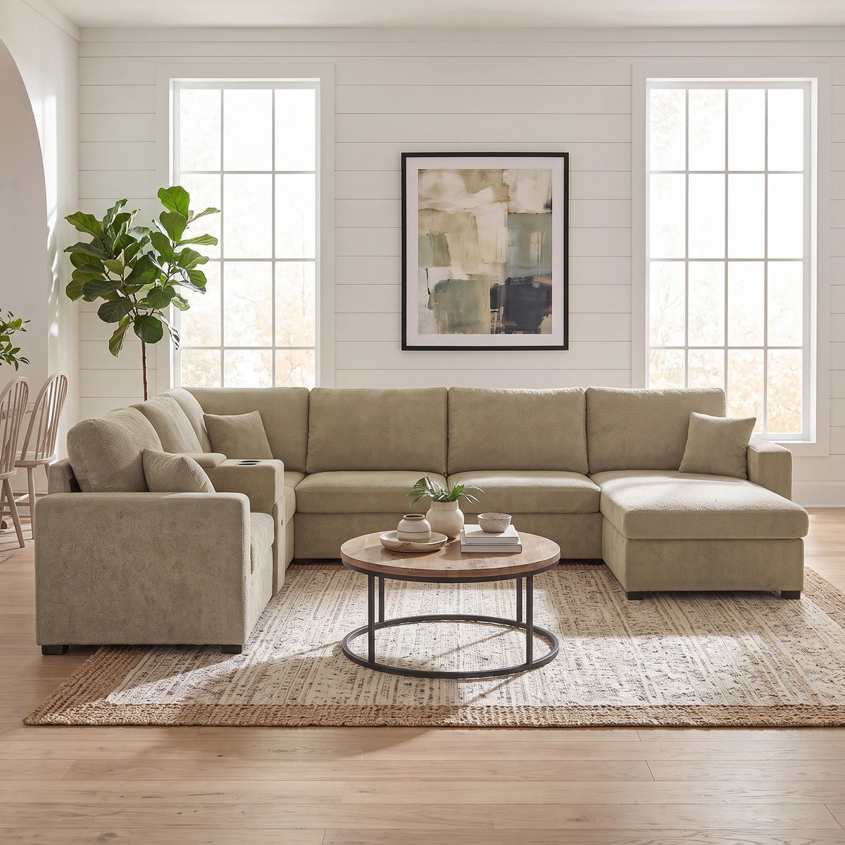Modular 5 Seat U-Shape Sectional Sofa With Chaise Lounge, Built In Cup Holders And Storage Drawer