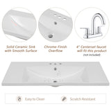 36" Single Bathroom Vanity Top With Undermount Basin, 3 Faucet Holes, Flat Edge - White