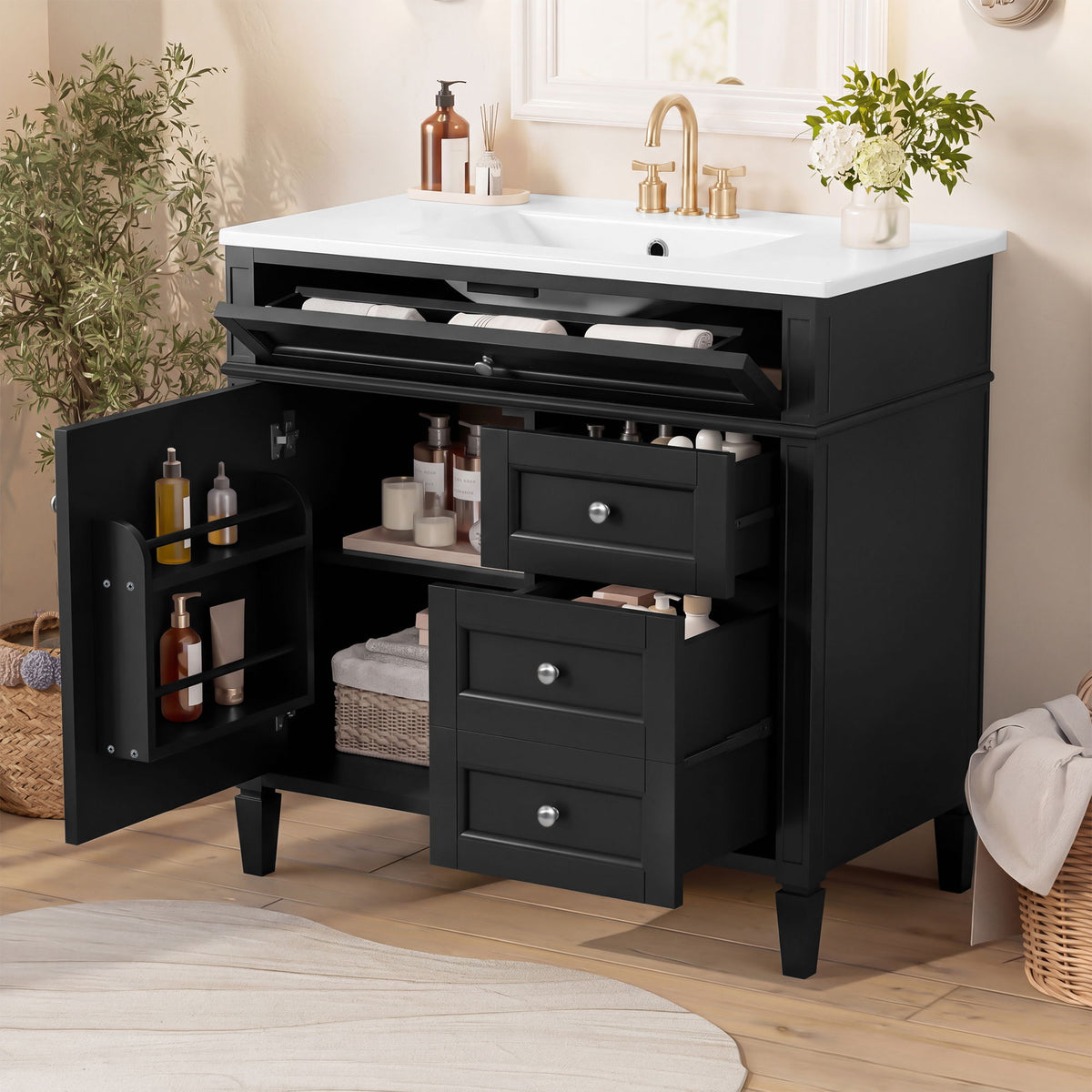 Bathroom Vanity With Sink, Rectangular Storage Cabinet & 2 Drawers And Tip Out Drawer
