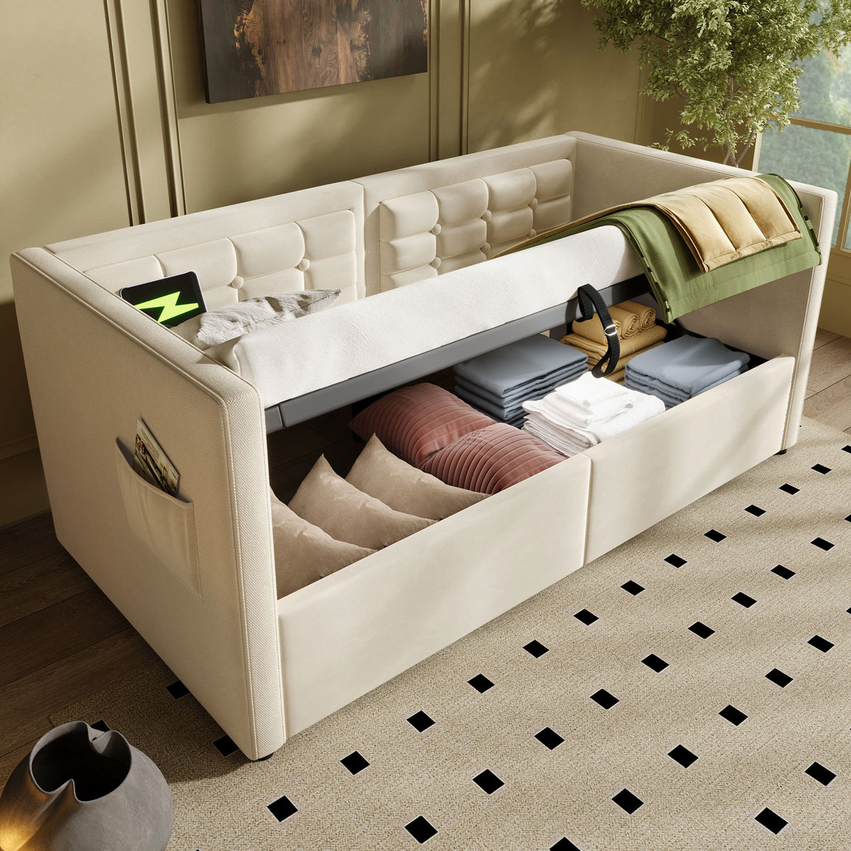 Upholstered Daybed With Hydraulic Storage And USB / Type - C Charging