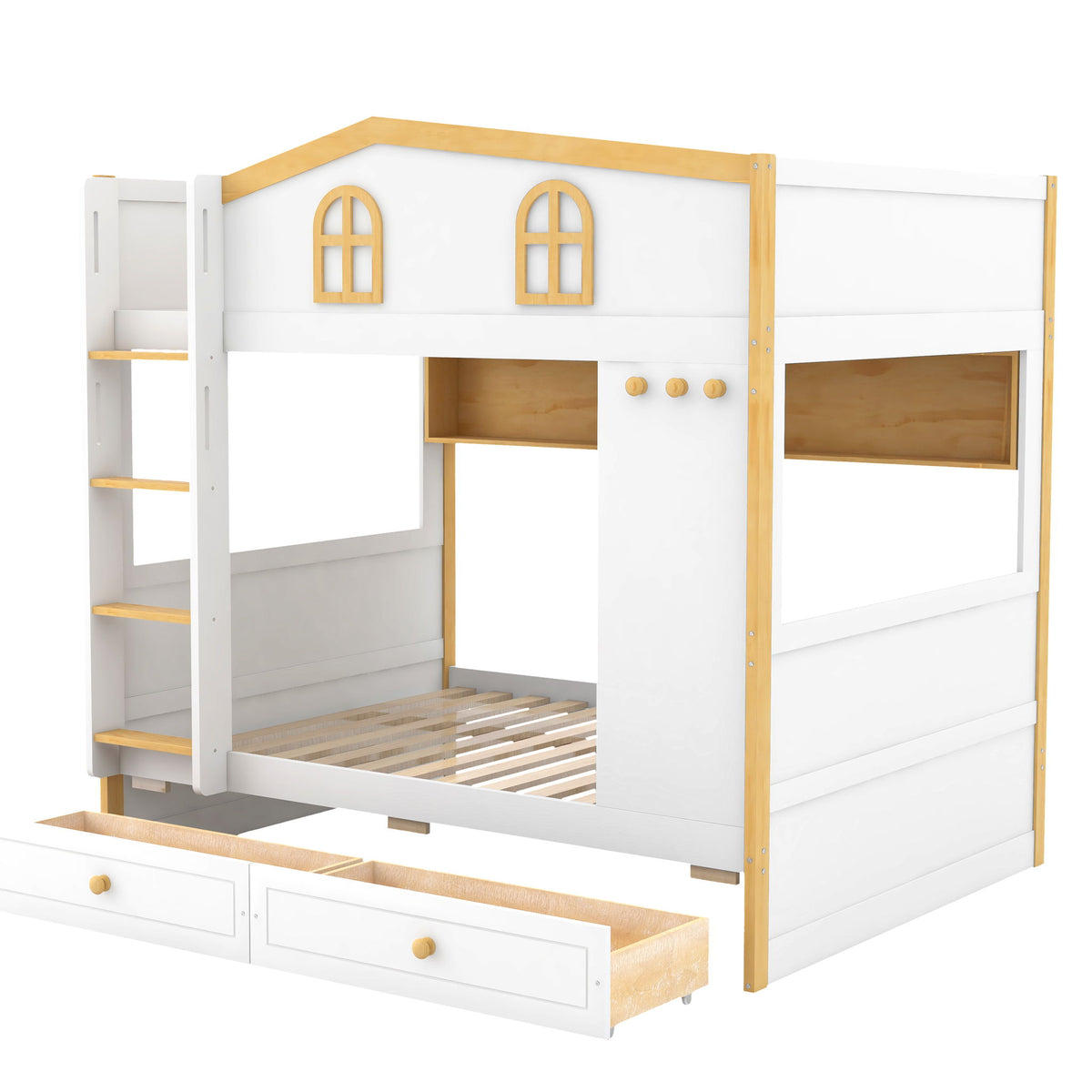 Bunk Bed With House Shaped Guardrails, Storage Shelves, And Trundle