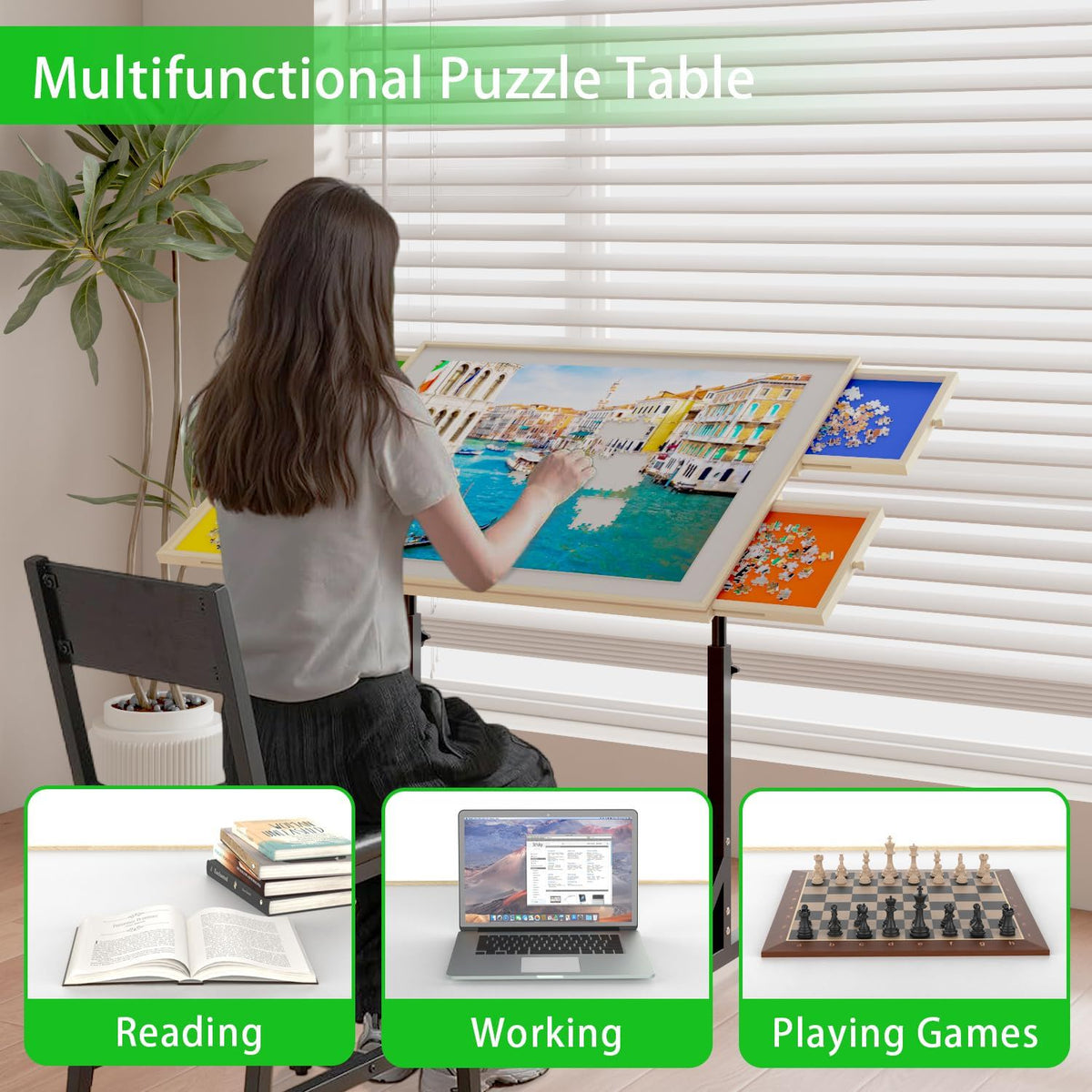 360 Degree Tilting Wooden Puzzle Table With 1500 Pieces, Rolling Design With Adjustable Height, Drawer, And Protective Cover - Black / Natural Wood