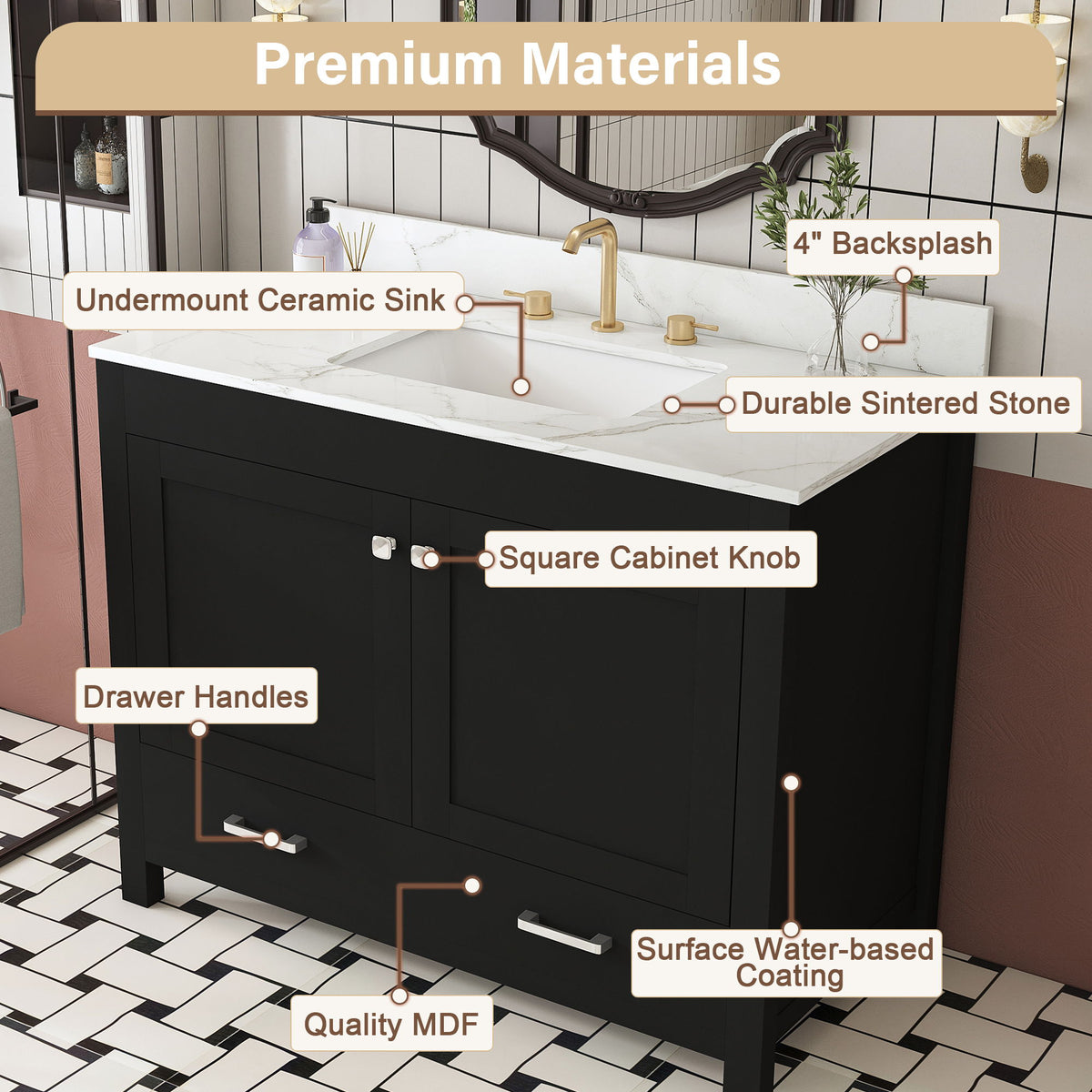 Bathroom Vanity Set, Fluted Cabinet, Soft Close Doors & Drawers, 3 Faucet Holes, Sink Included - Black