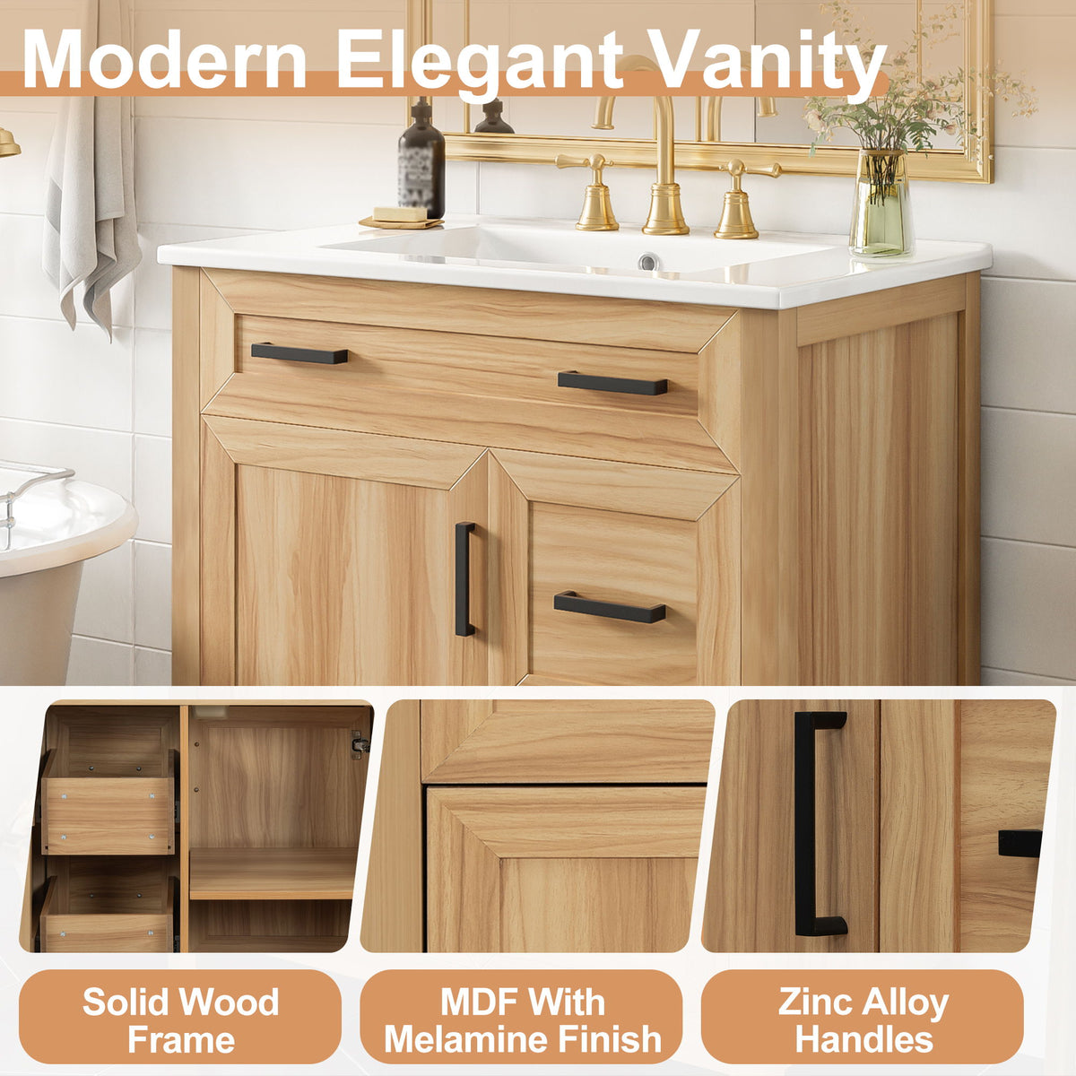 Bathroom Vanity With Sink, 2 Soft Close Drawers, 1 Soft Close Door, Adjustable Shelf