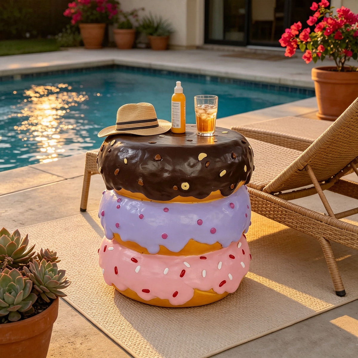 Stacked Donut Stool With Sprinkles Detail, Figurine Seat For Indoor Outdoor Decor - Light Natural