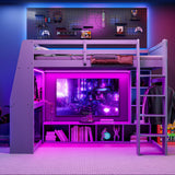 Gaming Loft Bed With Desk, Multi Storage Shelves, LED Lighting, And Hanging Clothes Rack