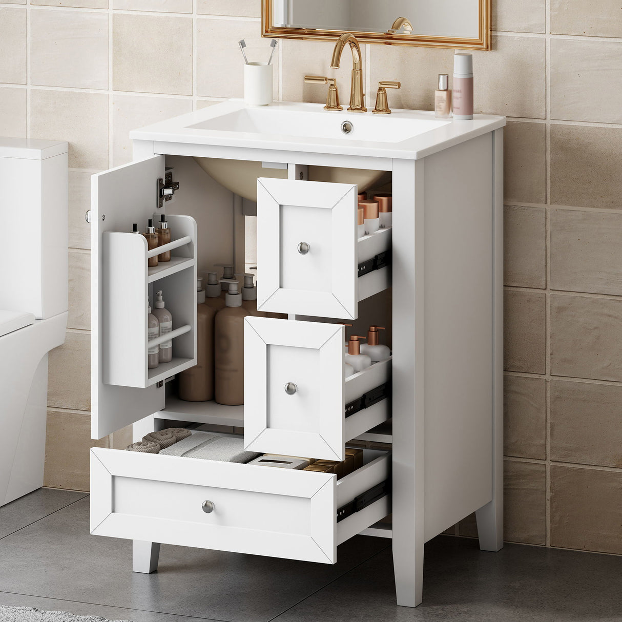 Modern Bathroom Vanity With Sink, Freestanding Cabinet With Drawers And Shelves