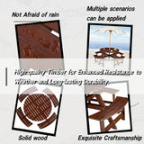 8 Person Round Picnic Table With 4 Built In Benches, Umbrella Hole For Garden - Brown
