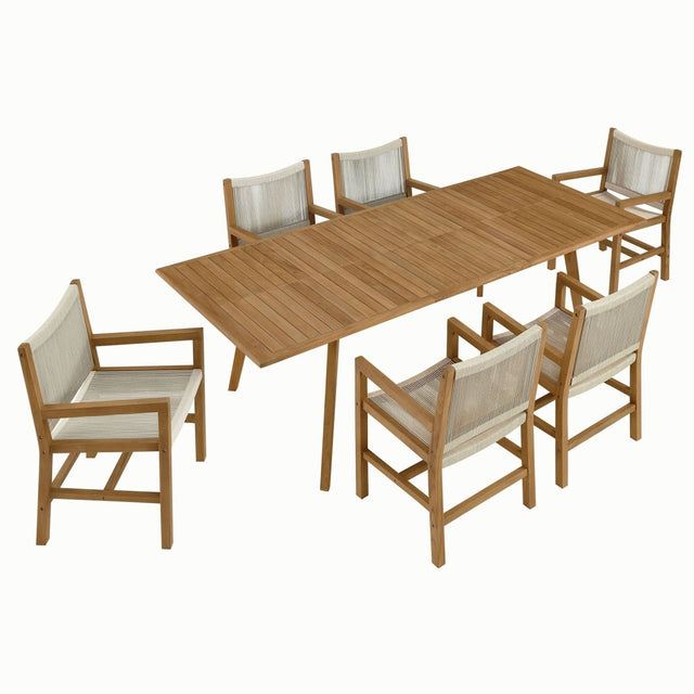 7-Piece Extendable Outdoor Teak and Rope Dining Set with Armchairs – Natural Finish - Outdoor - Alpine Outlets