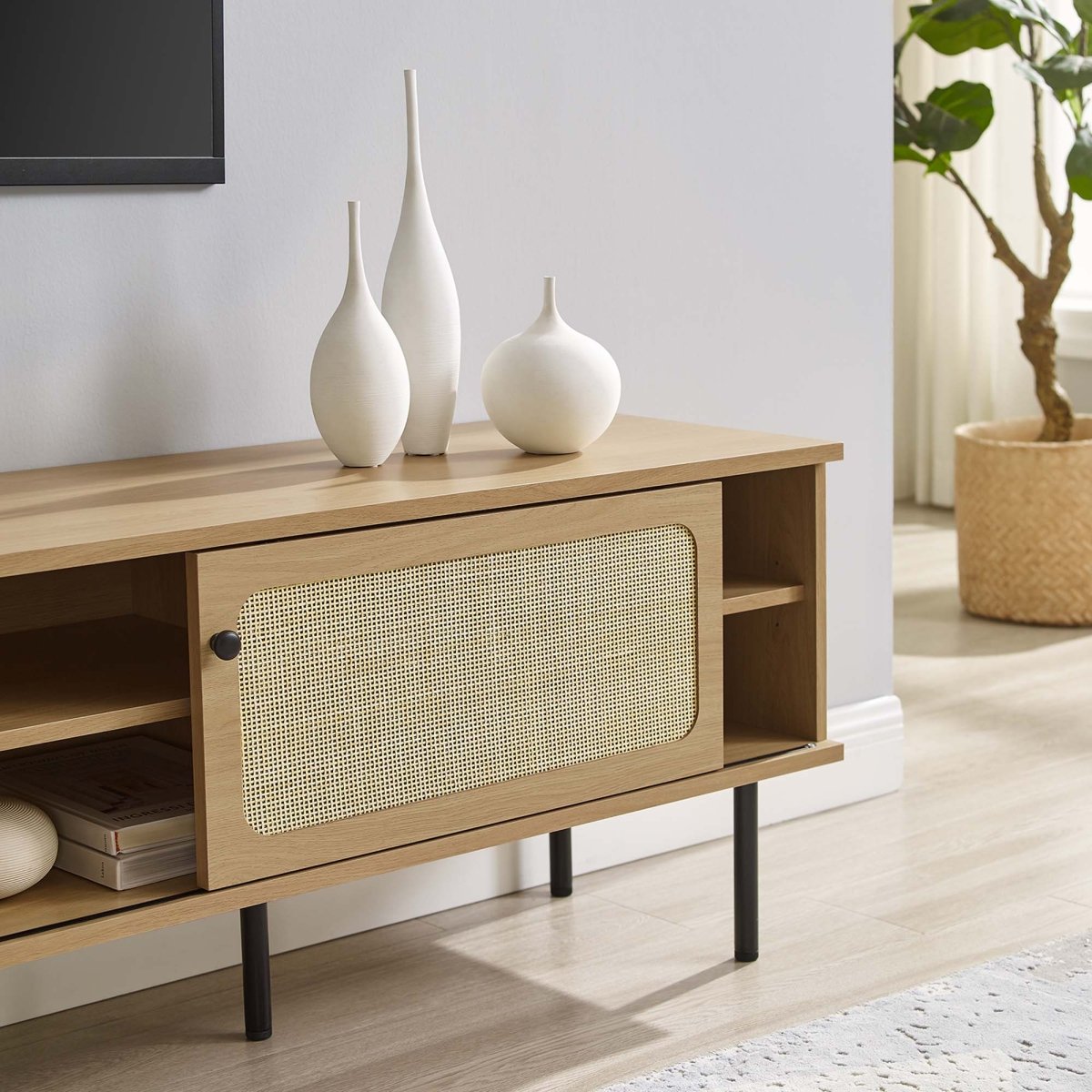 70 Inch Modern Rattan Sliding Door TV Stand - TV Stands available at Alpine Outlets in Denver
