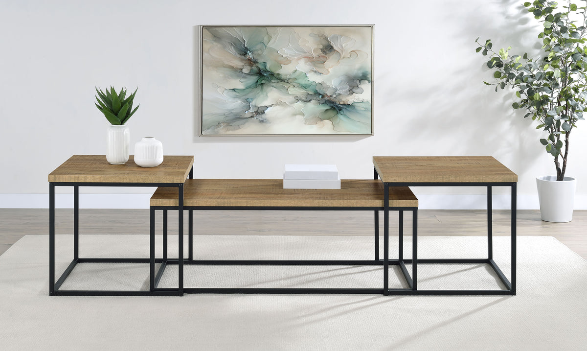 Straden 3-Piece Coffee Table Set, Mango Wood and Black Metal