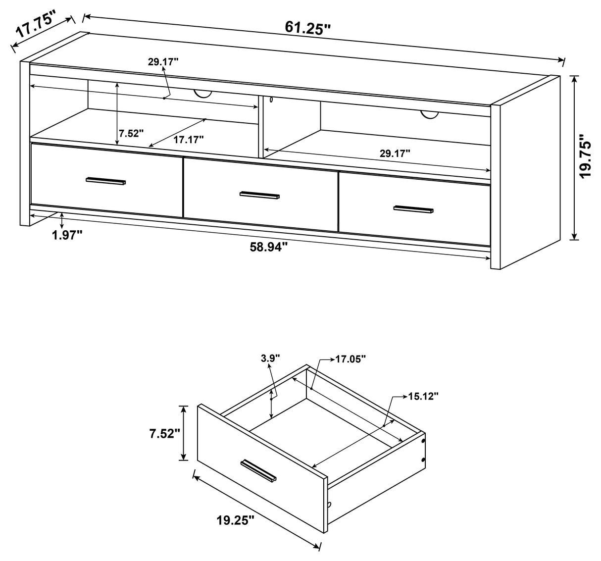 Alton 3-Drawer TV Stand, Black Oak - 61 Inches