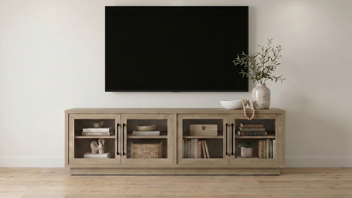 79" Latte Melamine TV Stand with Glass Doors