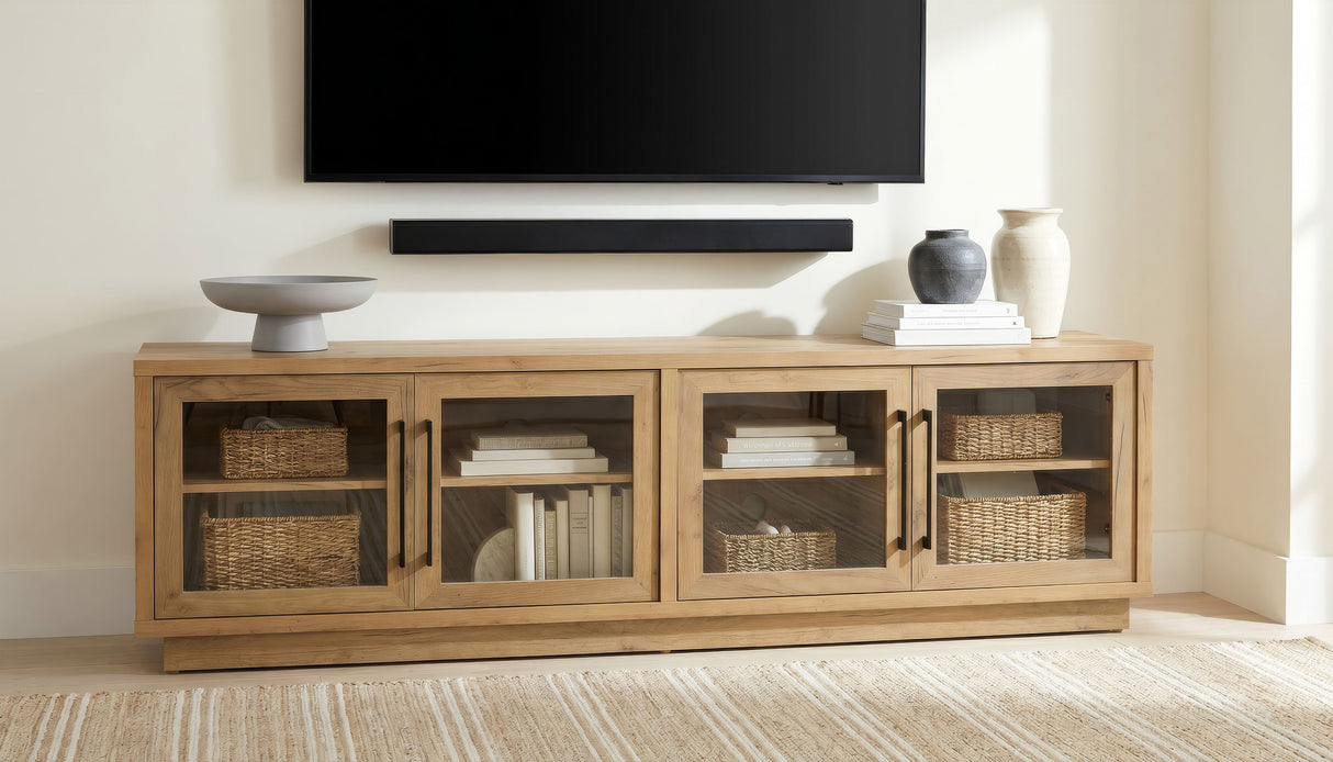 79" Golden Oak TV Stand with Glass Doors and Storage