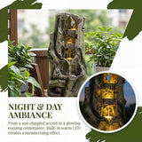 Outdoor Water Fountain, Tree Stump Cascading Fountain With Warm LED Lights - Earthy Yellow