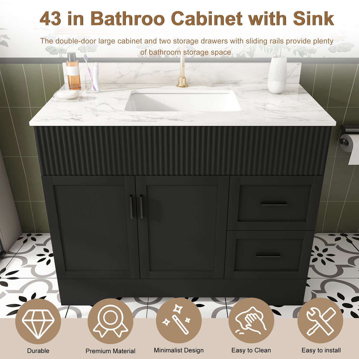 Bathroom Vanity, Fluted Cabinet, Soft Close Doors & Drawers, Single Faucet Hole, Sink Included - Black