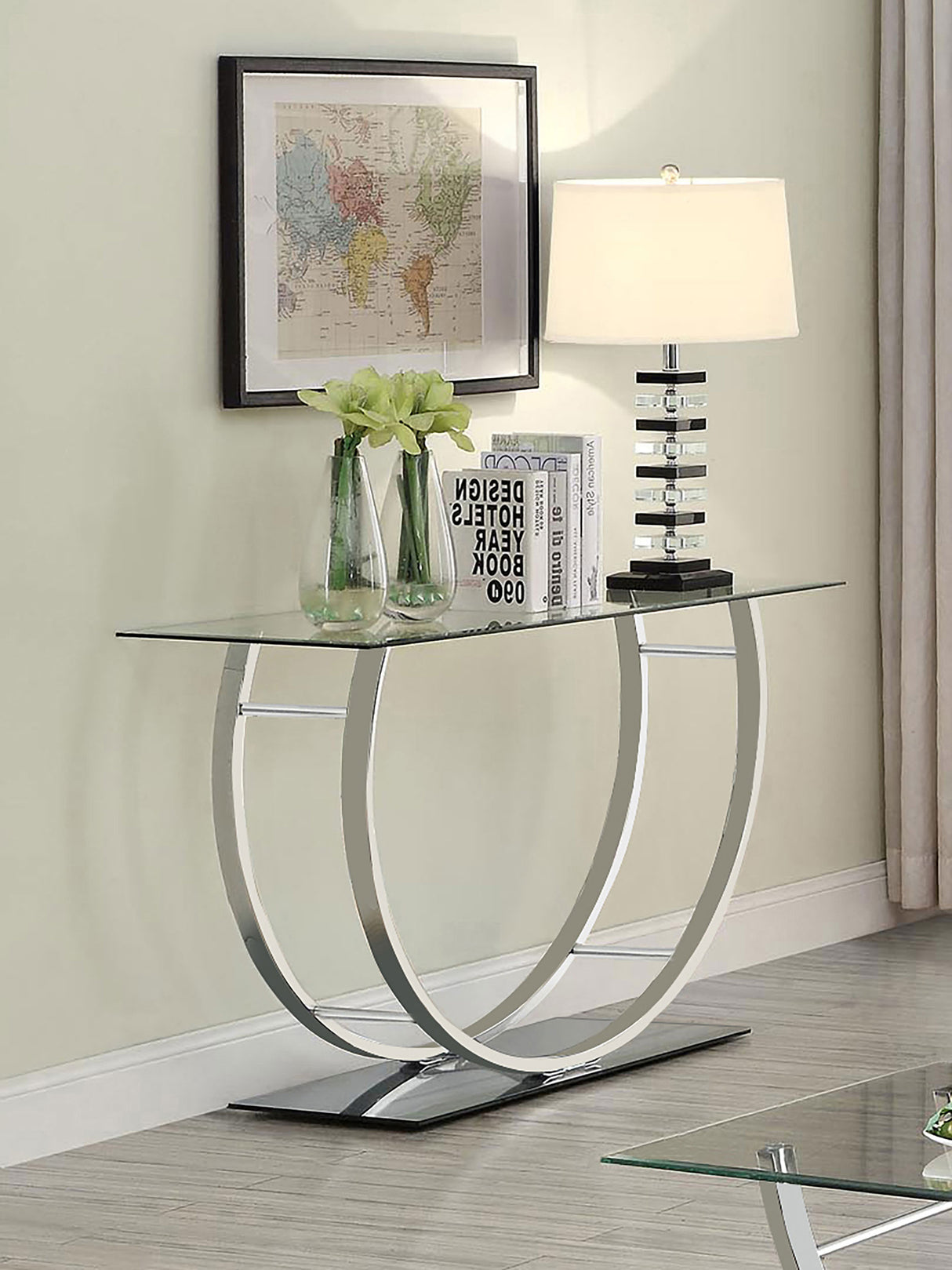 Danville U-Shaped Glass Top Console Table Chrome