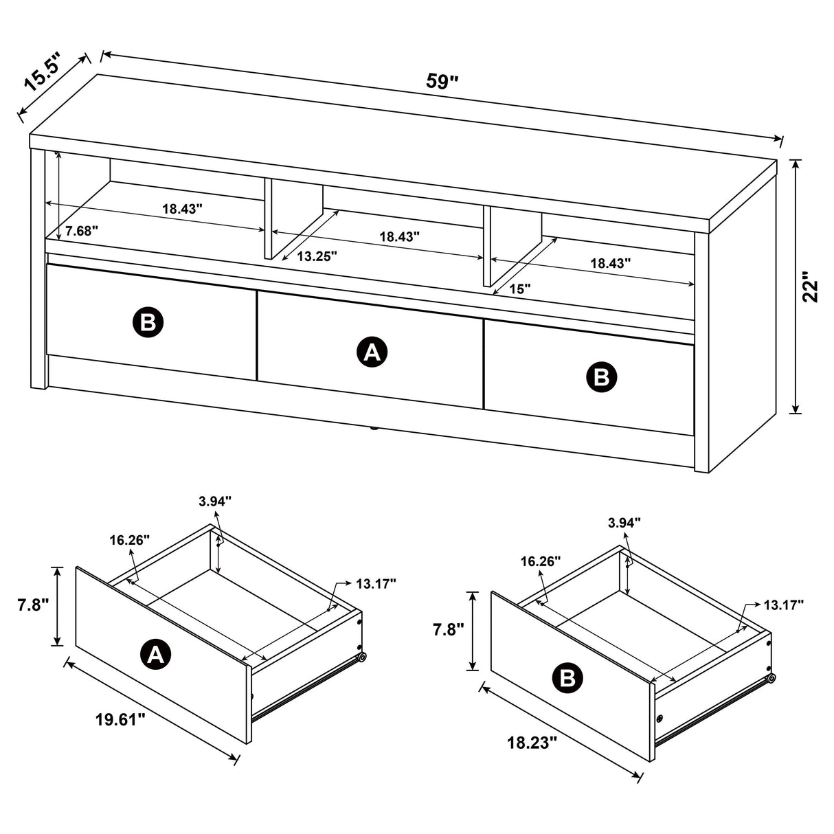 Rutland 59-Inch 3-Drawer TV Stand Media Console Black