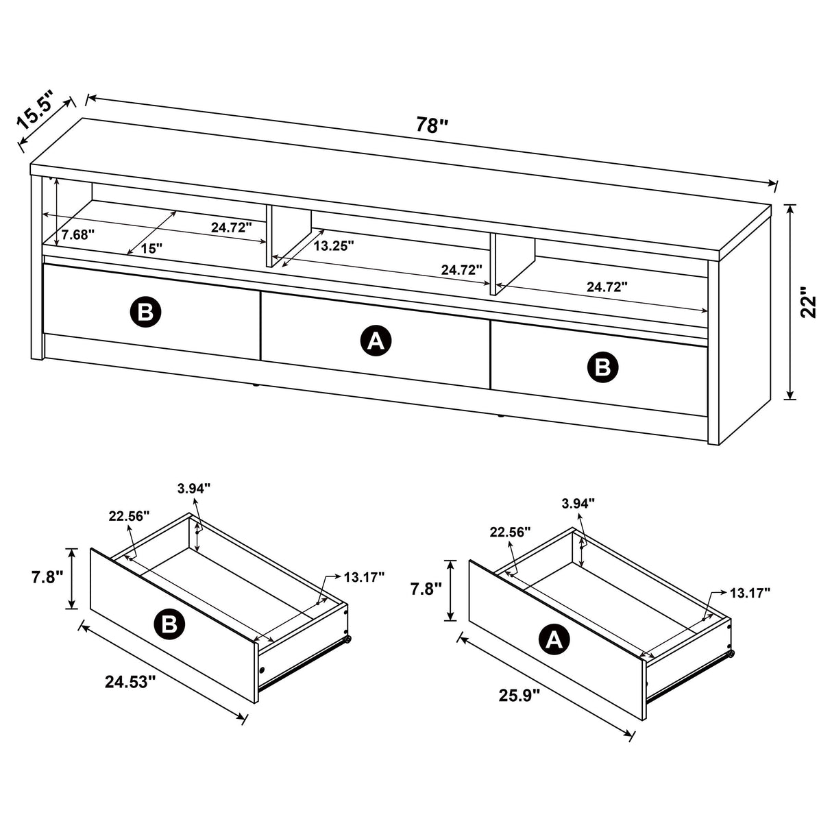 Rutland 78-Inch Black TV Stand with 3 Drawers