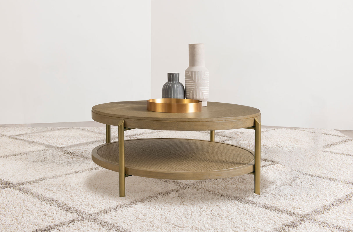 Arini Round Coffee Table with Storage Shelf, Sand Wash